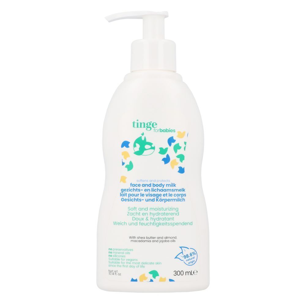 Flacon blanc avec pompe, lait visage et corps pour bébés, 300 ml.
