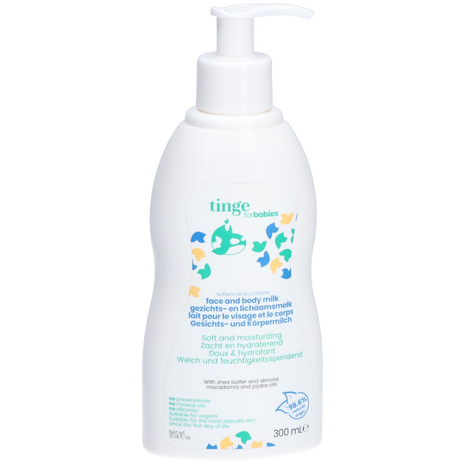Weiße Flasche mit Pumpspender, Gesichts- und Körpermilch für Babys, mit detaillierten Informationen auf Niederländisch.