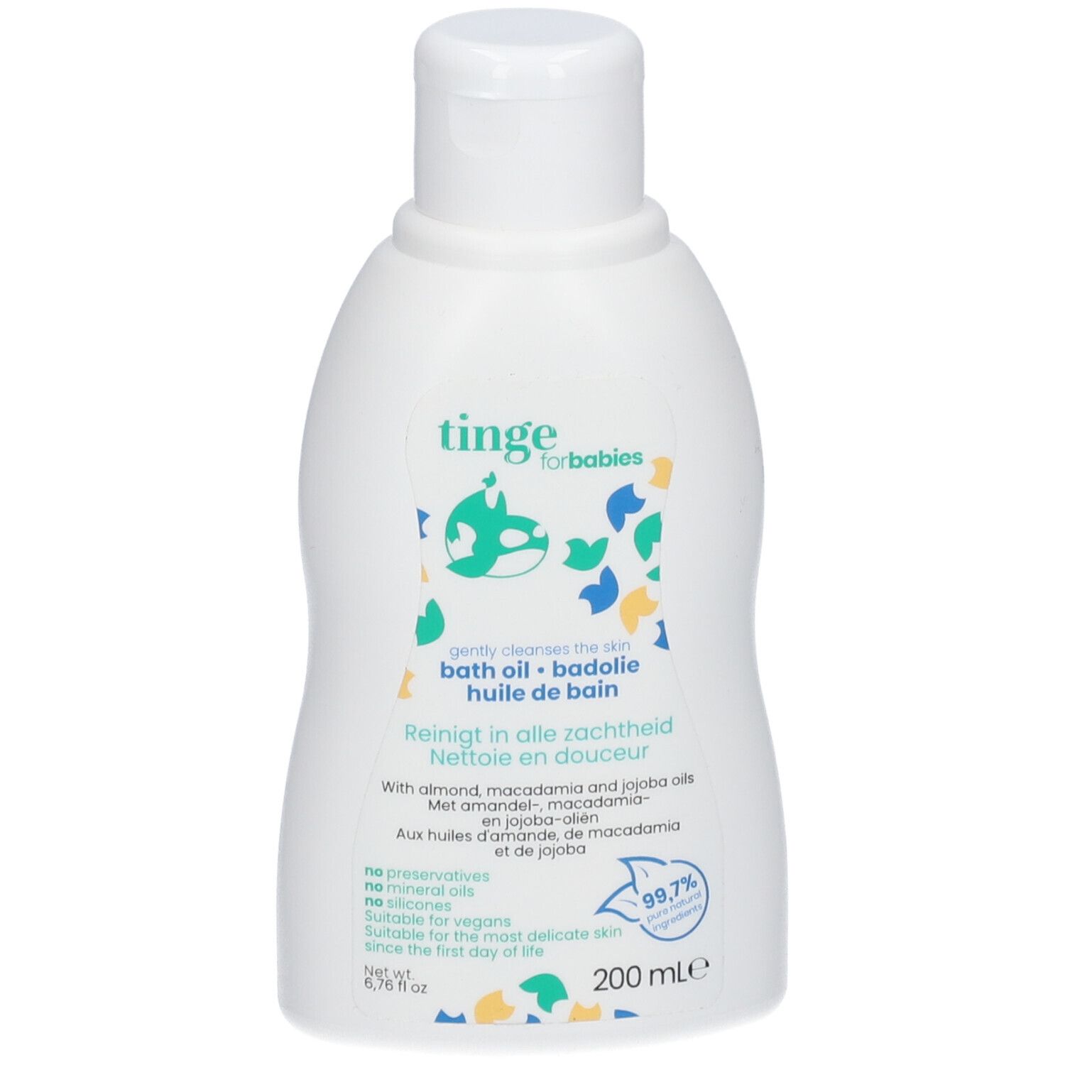 Produktflasche mit Etikett. Aufschrift: tinge bath oil, Cleansing & Nourishing bath oil. Mit Baby-Illustration.