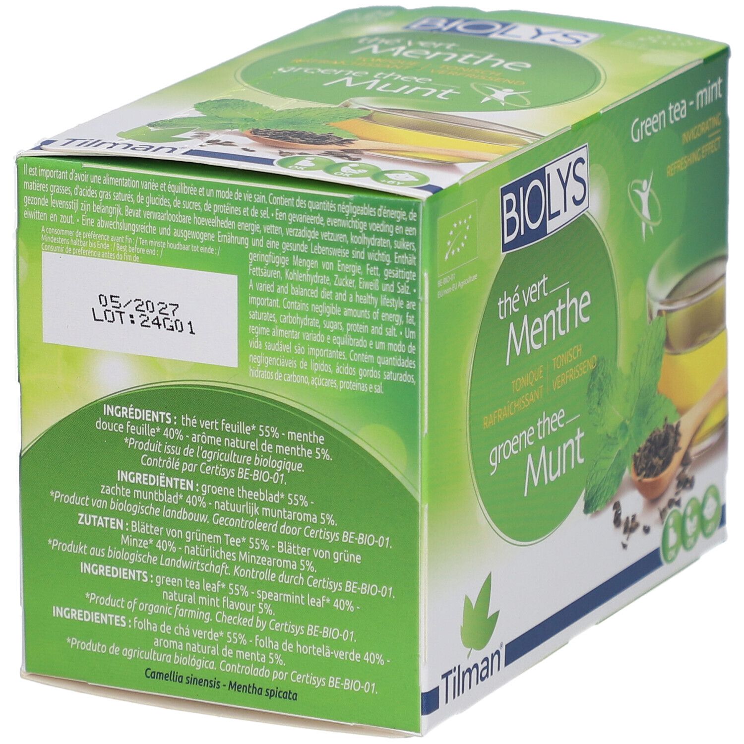 Grüner Tee-Minze-Packung. Zutatenliste und Haltbarkeitsdatum sichtbar. Bio-Siegel. Marke: BIOLYS, Tilman.