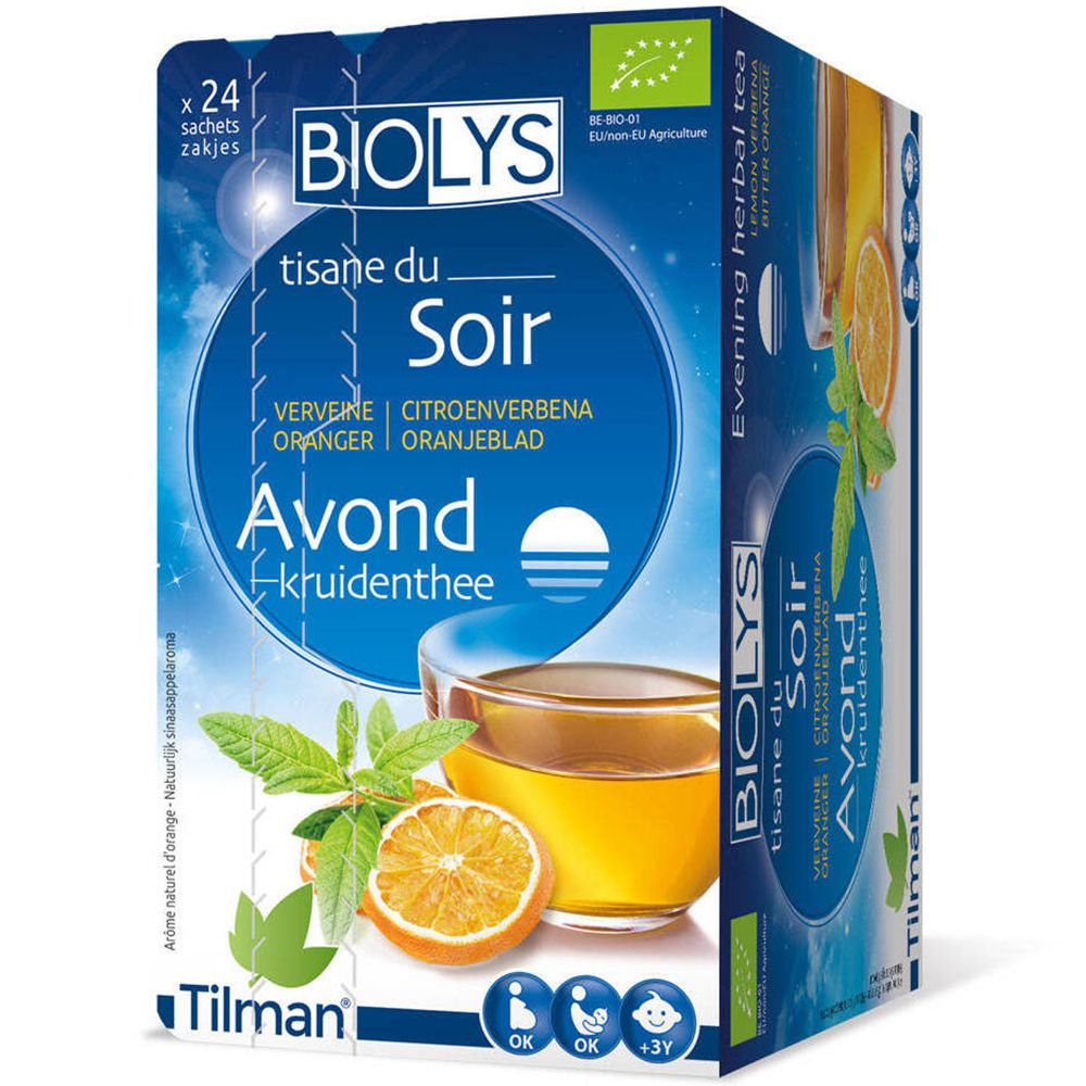 Boîte de tisane Biolys. Inscription : Tisane du Soir, Verveine, Citronnelle, Oranger, Oranjeblad. Avec verre de thé et orange.