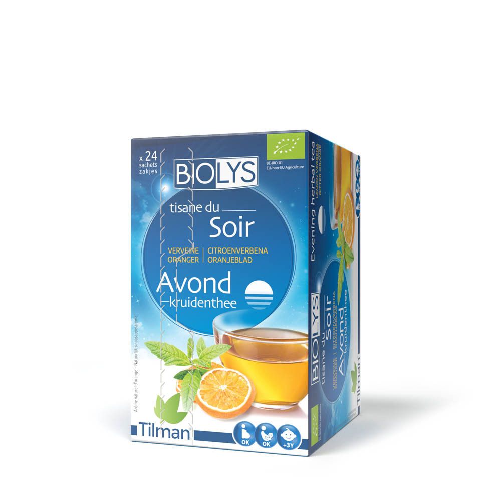 Boîte de tisane Biolys. Inscription : Tisane du Soir, Verveine, Citronnelle, Oranger, Oranjeblad. Avec verre de thé et orange.