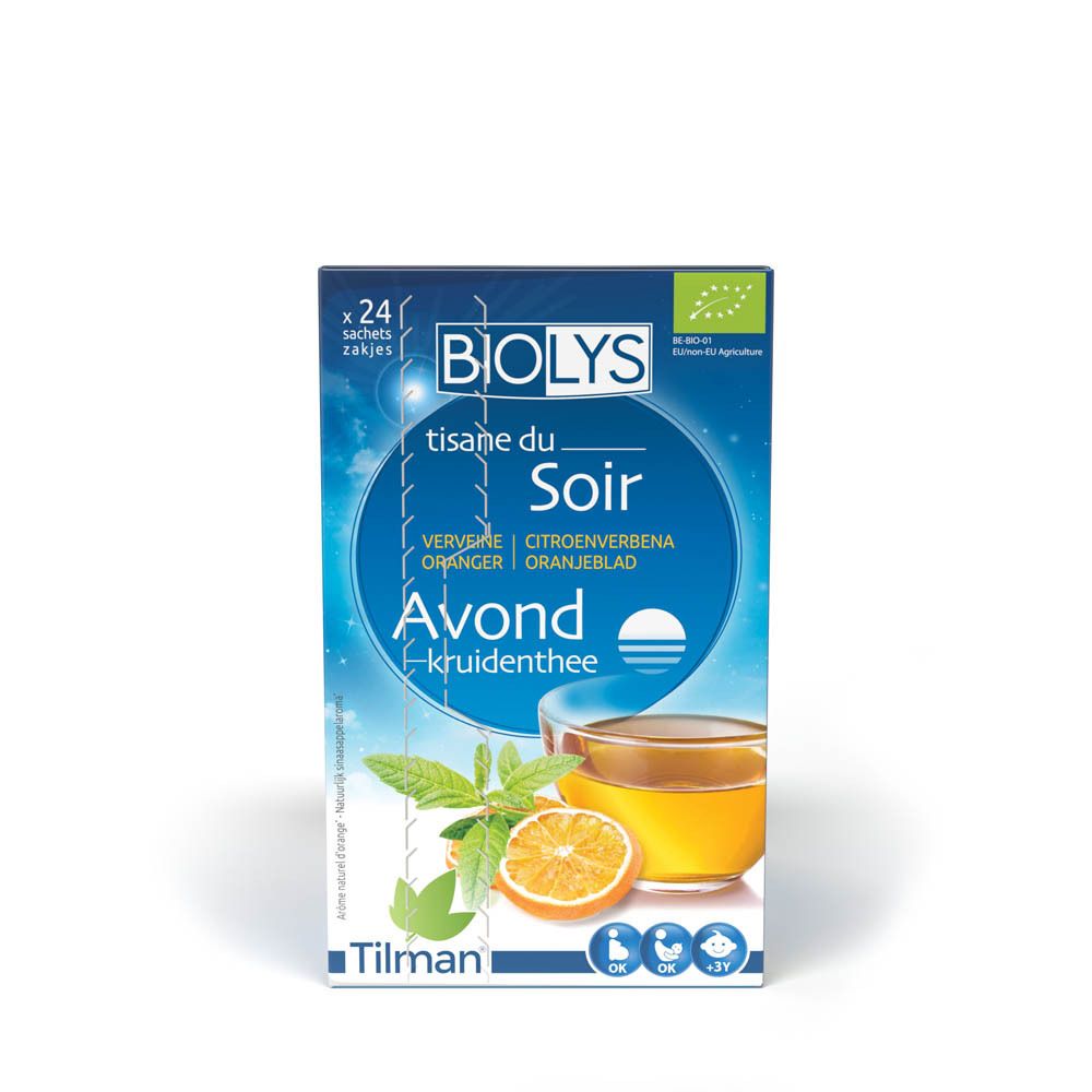 Boîte de tisane Biolys. Inscription : Tisane du Soir, Verveine, Citronnelle, Oranger, Oranjeblad. Avec verre de thé et orange.