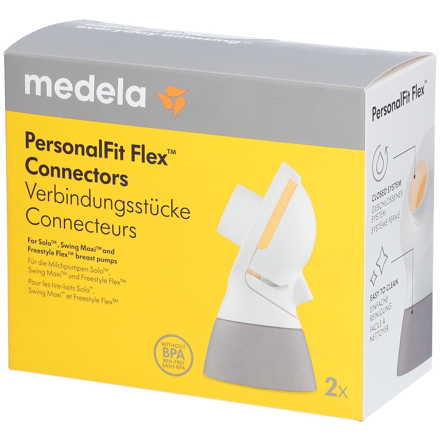 Verpackung von Medela PersonalFit Flex™ Connectors. Gelb-graue Box mit Produktabbildung und Text. Enthält 2 Stück.