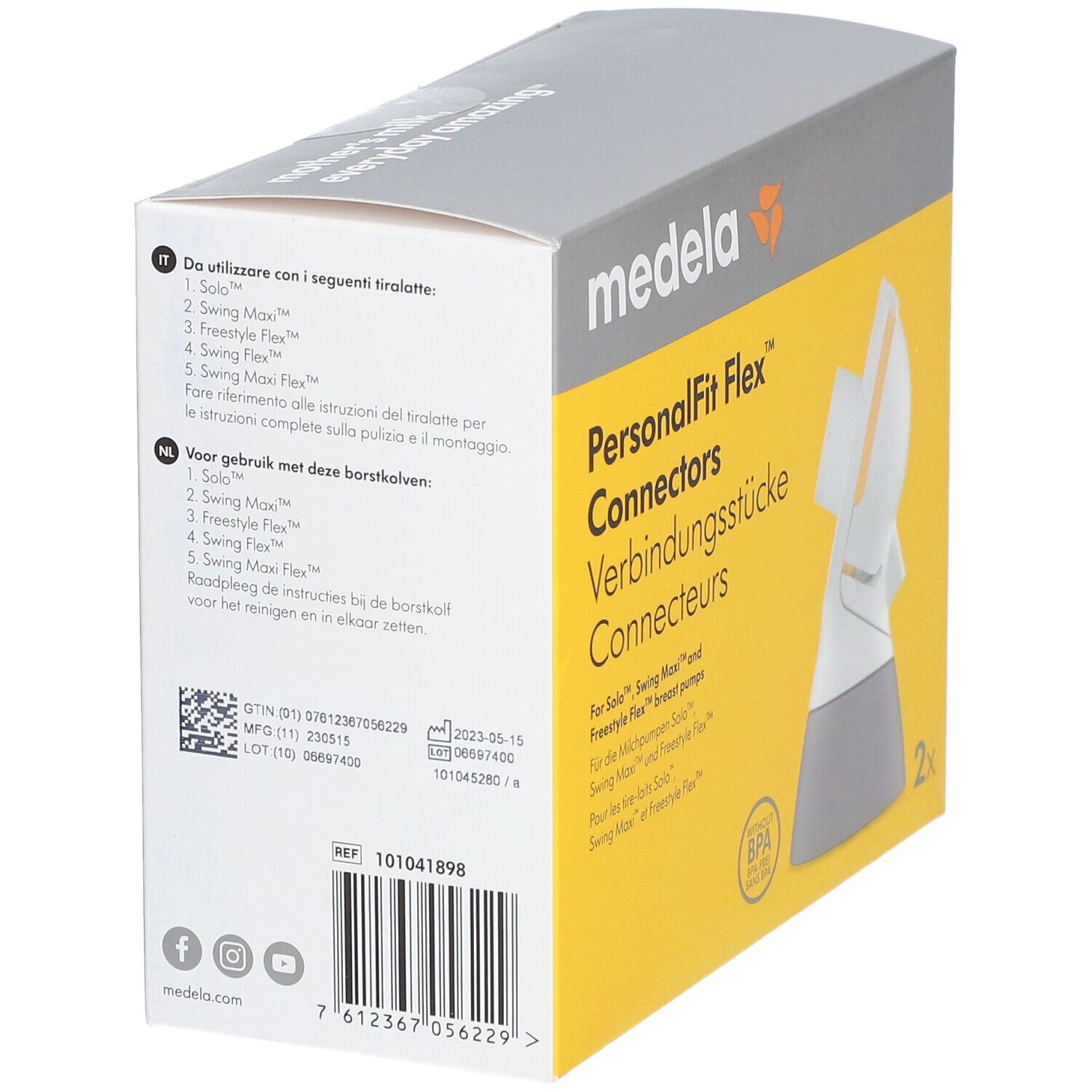 Rückseite der Medela PersonalFit Flex™ Connectors Verpackung. Enthält Text in mehreren Sprachen und einen Barcode.