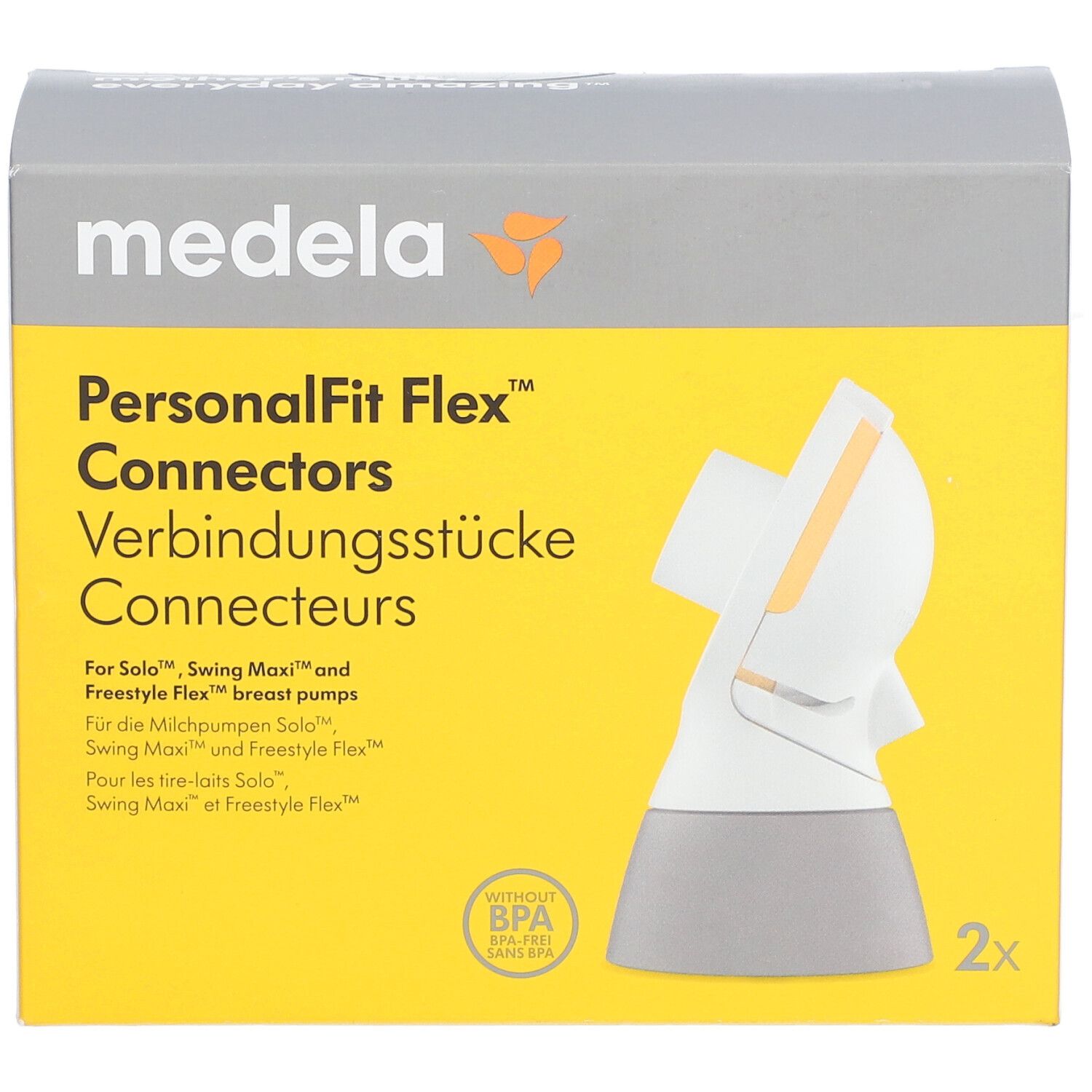 Vorderseite der Verpackung von Medela PersonalFit Flex™ Connectors. Gelb-graue Box mit Produktabbildung und Text. Enthält 2 Stück.