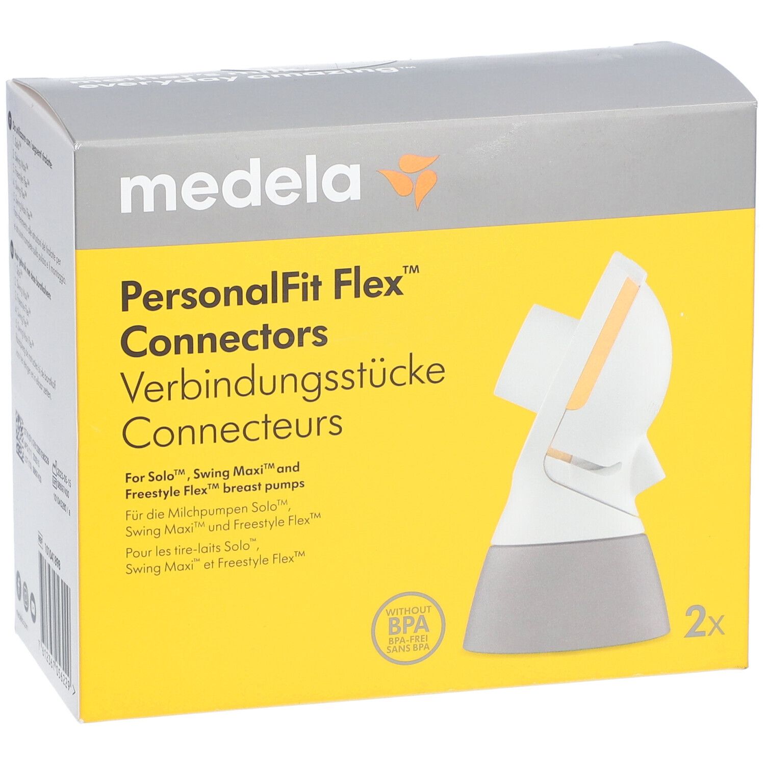 Vorderseite der Verpackung von Medela PersonalFit Flex™ Connectors. Gelb-graue Box mit Produktabbildung und Text. Enthält 2 Stück.
