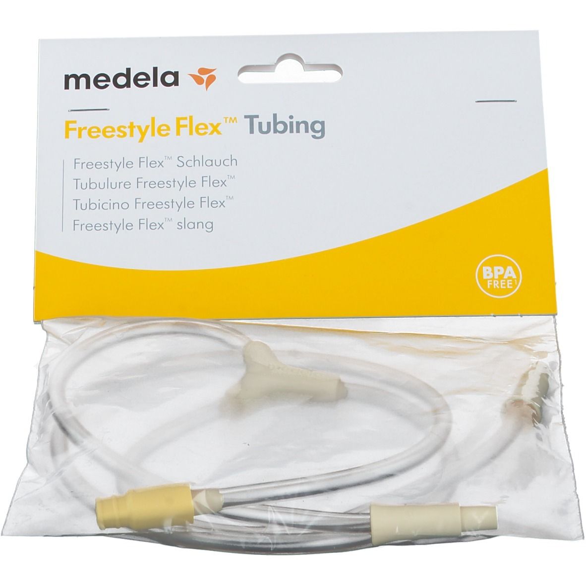 Medela Freestyle Flex™ Ersatzschlauch in Verpackung. Transparenter Schlauch mit gelben und cremefarbenen Anschlüssen. BPA-frei.