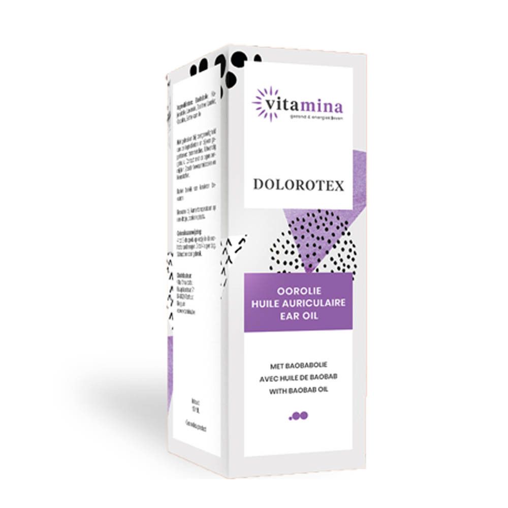 Flacon Vitamina Dolorotex Huile Auriculaire avec compte-gouttes, face avant avec étiquette.