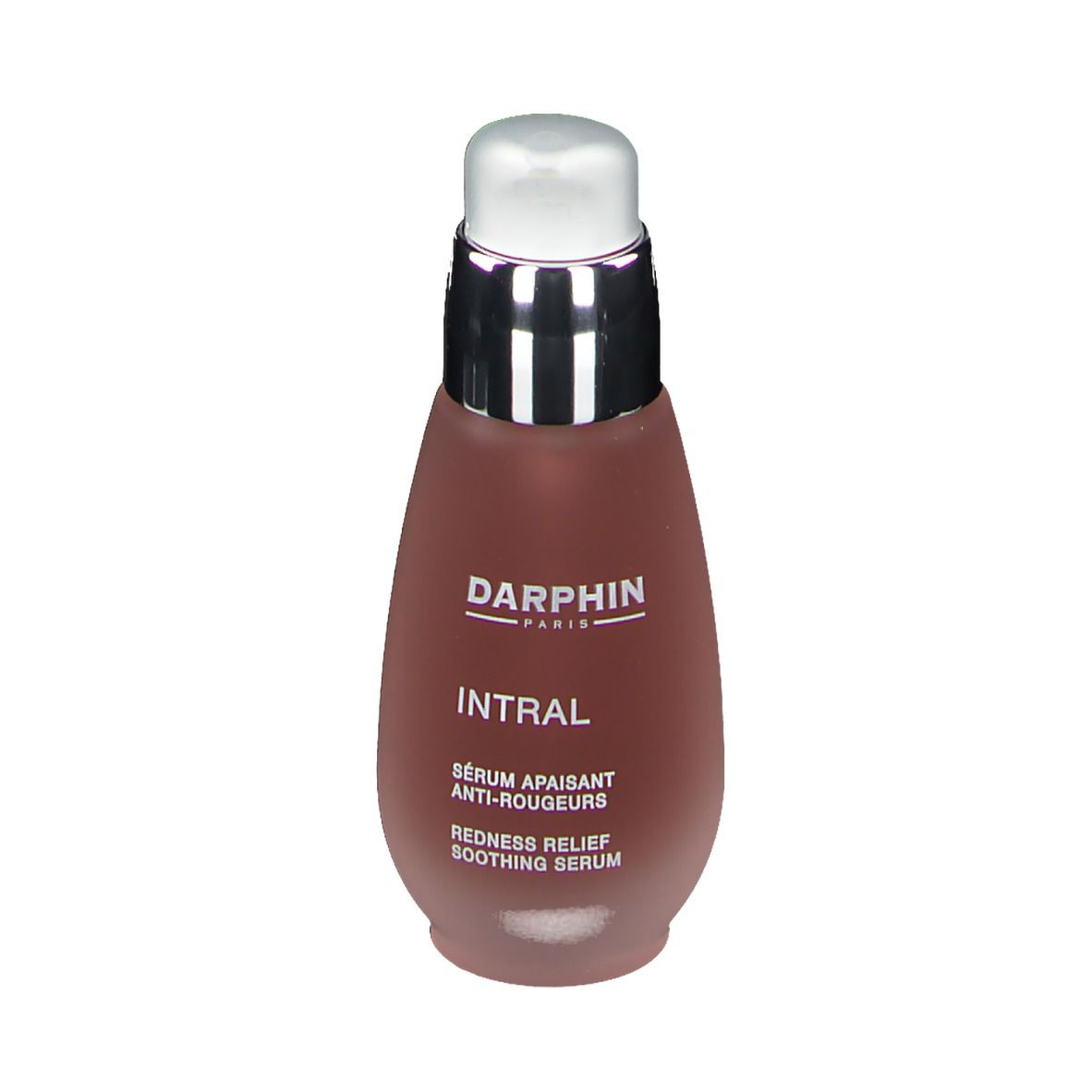 Rötungsreduzierendes Serum. Flasche mit Pumpe. Marke DARPHIN, Produktname INTRAL. Text: Sérum apaisant anti-rougeurs, Redness Relief Soothing Serum.
