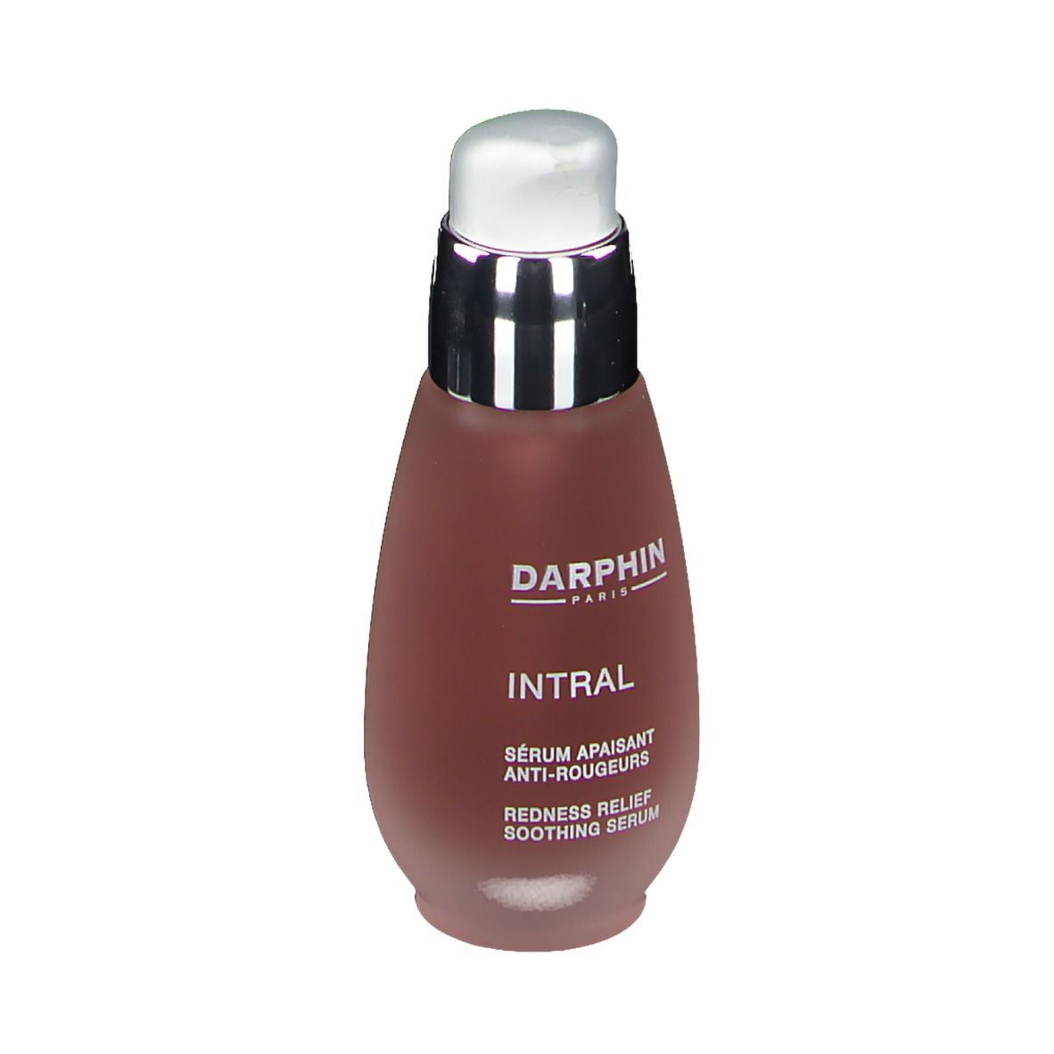 Rötungsreduzierendes Serum. Flasche mit Pumpe. Marke DARPHIN, Produktname INTRAL. Text: Sérum apaisant anti-rougeurs, Redness Relief Soothing Serum.