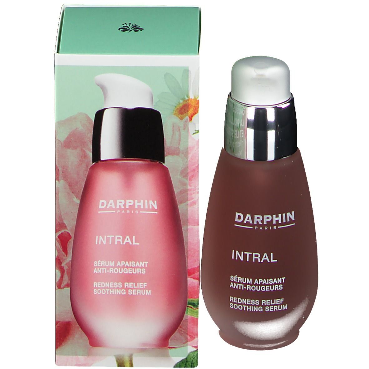 Rötungsreduzierendes Serum und Verpackung. Flasche mit Pumpe. Marke DARPHIN, Produktname INTRAL. Text: Sérum apaisant anti-rougeurs, Redness Relief Soothing Serum.