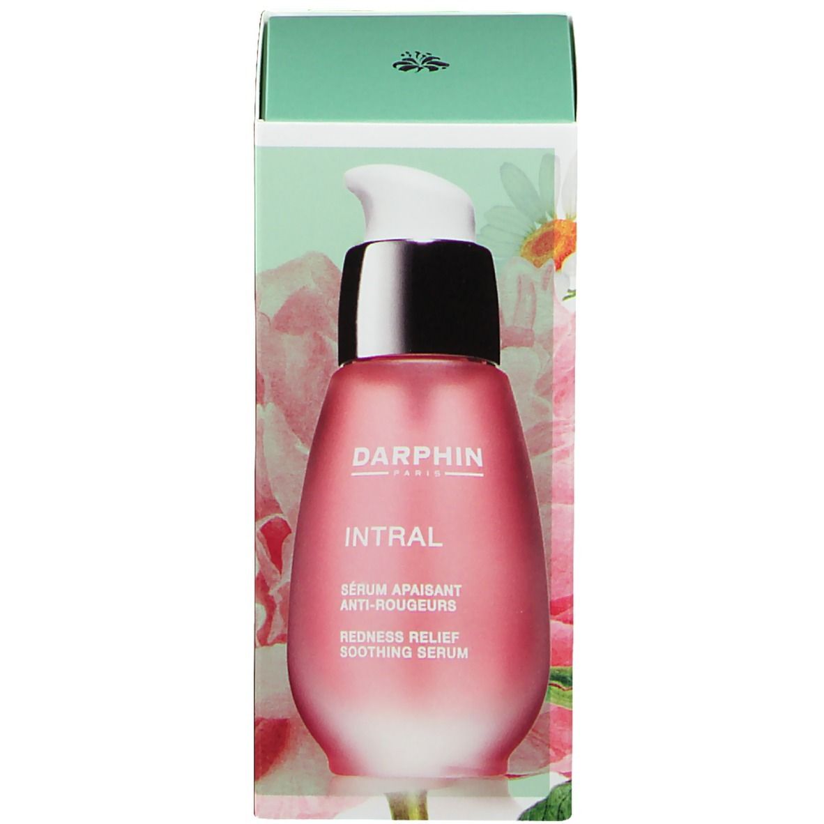 Rötungsreduzierendes Serum und Verpackung. Flasche mit Pumpe. Marke DARPHIN, Produktname INTRAL. Text: Sérum apaisant anti-rougeurs, Redness Relief Soothing Serum.