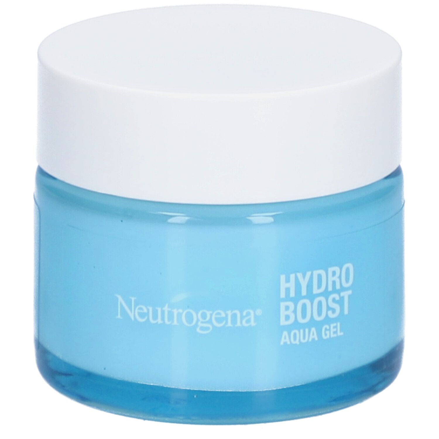Neutrogena Hydro Boost Aqua Gel. Blaue Creme in einem Glas mit weißem Deckel.