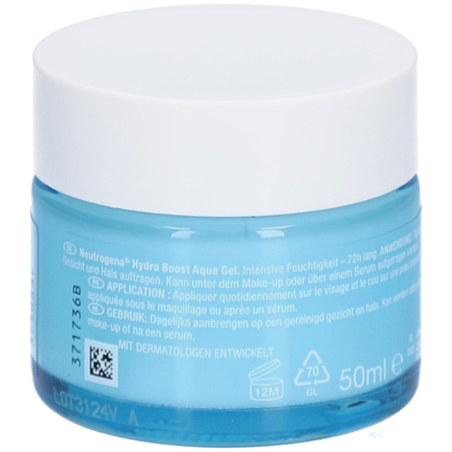Neutrogena Hydro Boost Aqua Gel. Rückseite des Produkts mit Text und 50ml Angabe.