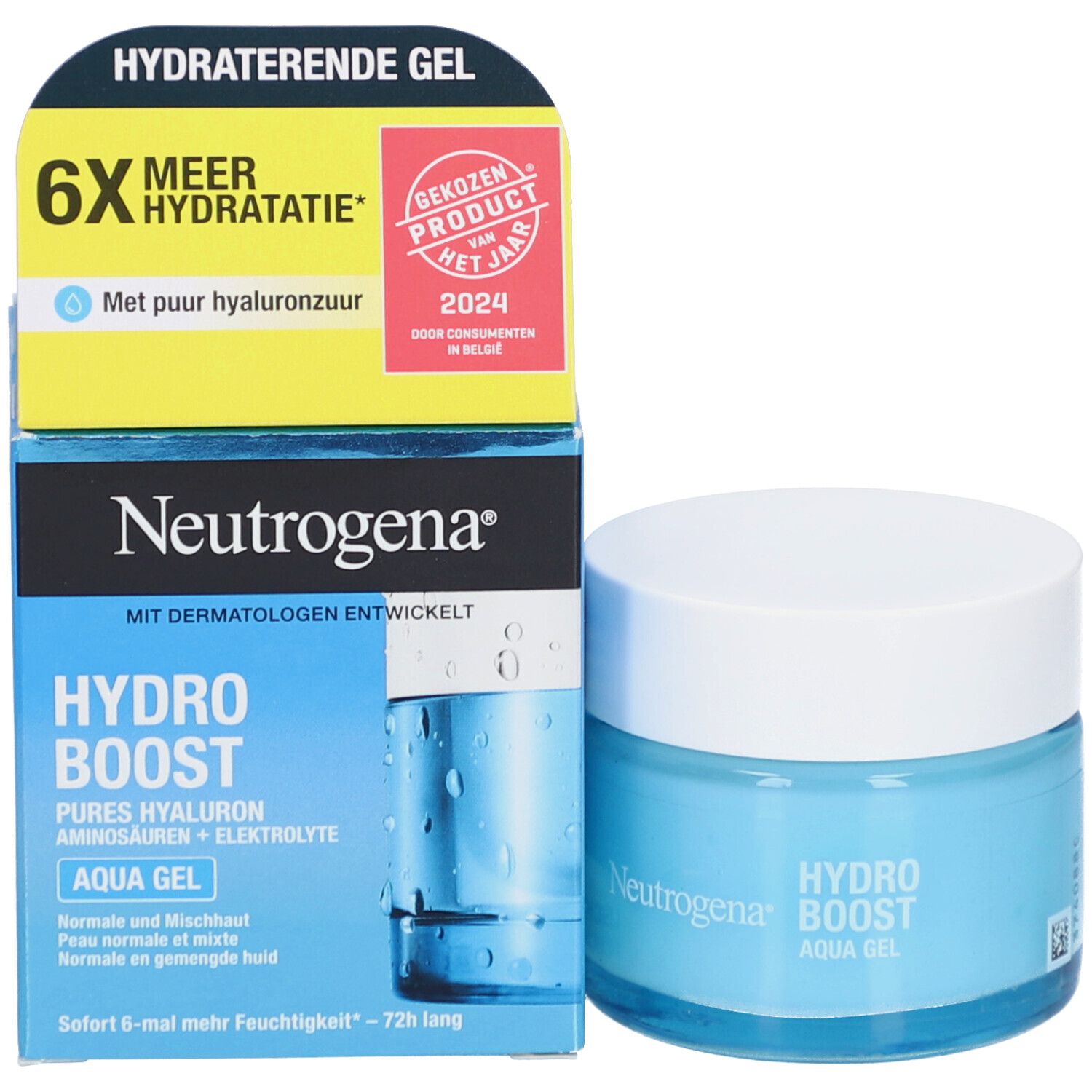 Neutrogena Hydro Boost Aqua Gel. Produktverpackung mit Produkt und Auszeichnungen.