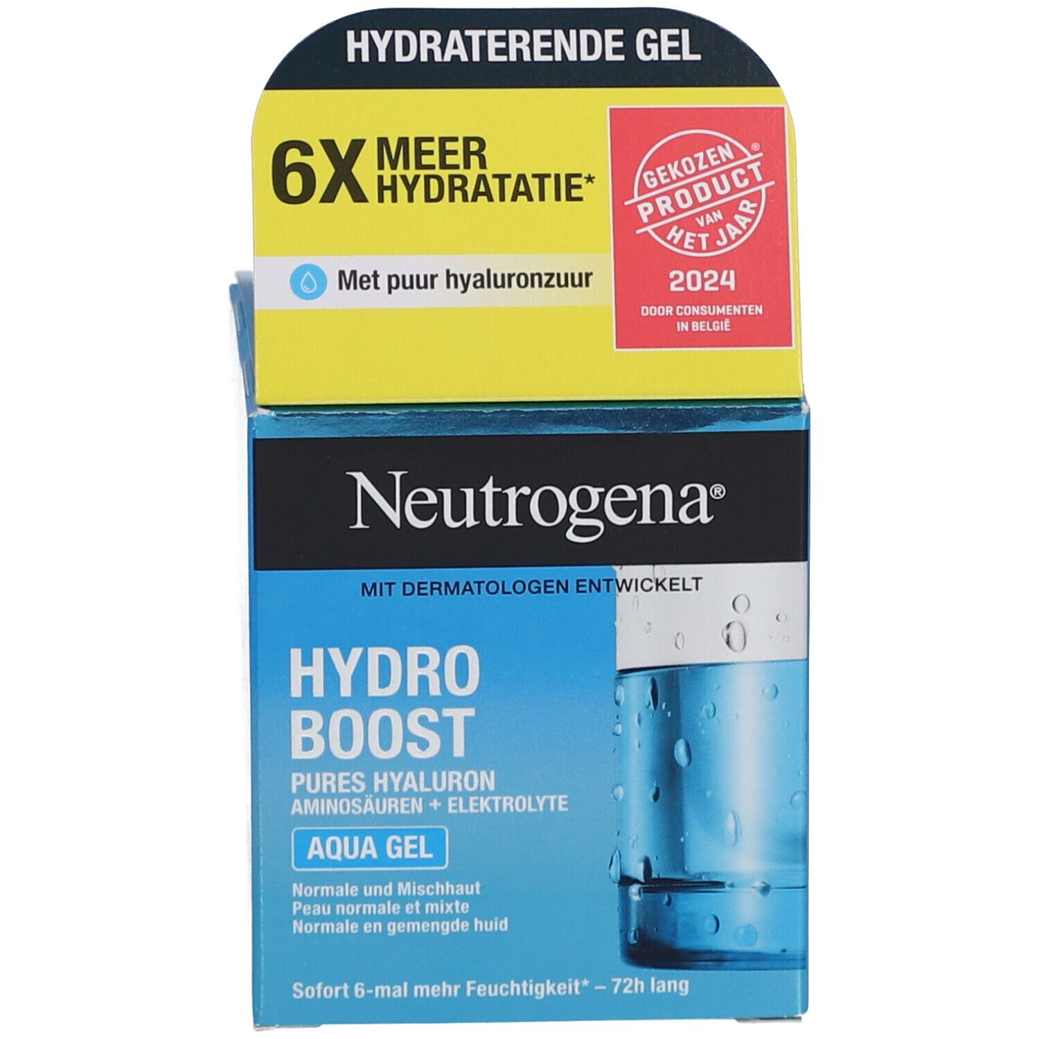 Neutrogena Hydro Boost Aqua Gel. Produktverpackung mit Produkt und Auszeichnungen.