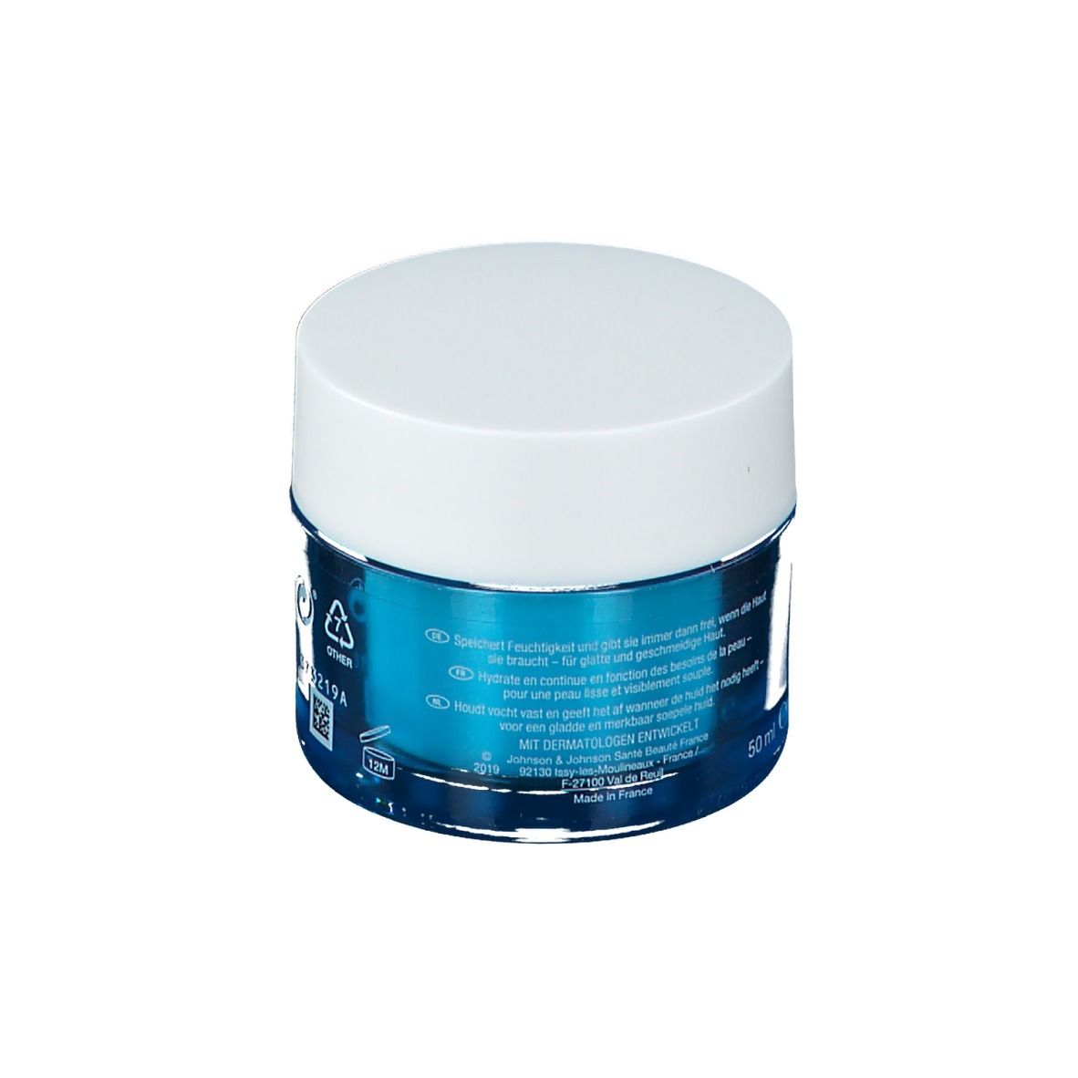 Neutrogena Hydro Boost Aqua Creme. Blaue Creme-Dose mit weißem Deckel. Text: Hydro Boost, Aqua Creme.