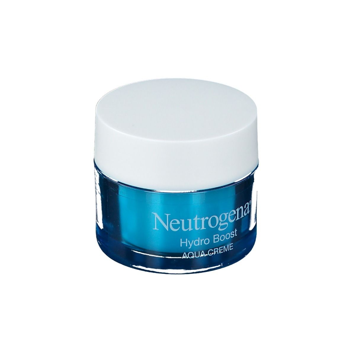 Neutrogena Hydro Boost Aqua Creme. Blaue Creme-Dose mit weißem Deckel. Text: Hydro Boost, Aqua Creme.