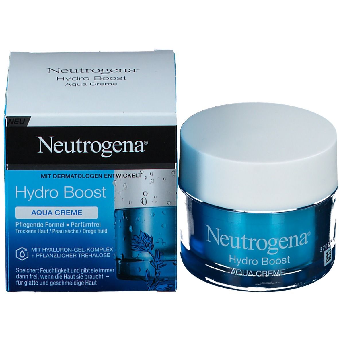 Neutrogena Hydro Boost Aqua Creme. Blaue Creme-Dose und Verpackung. Text: Hydro Boost, Aqua Creme.