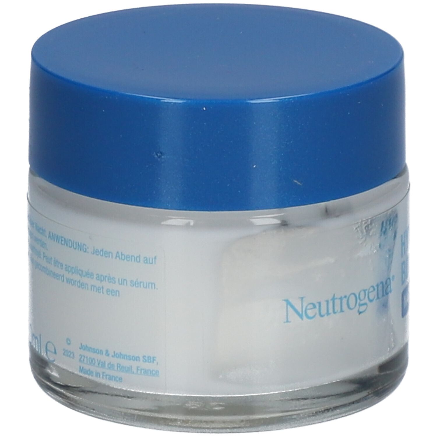 Neutrogena Hydro Boost Nacht Creme. Tiegel mit blauem Deckel. Text.