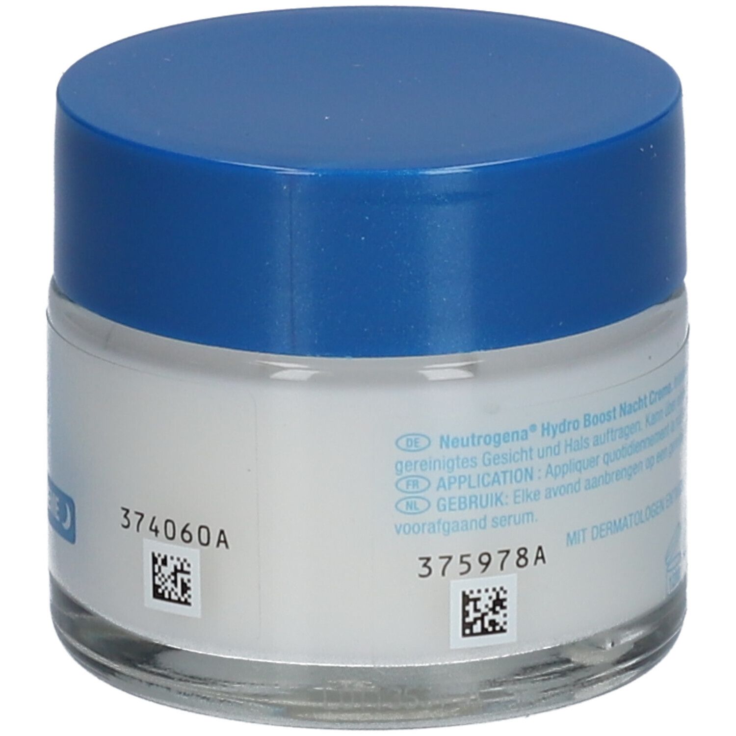 Neutrogena Hydro Boost Nacht Creme. Tiegel mit blauem Deckel. Text.