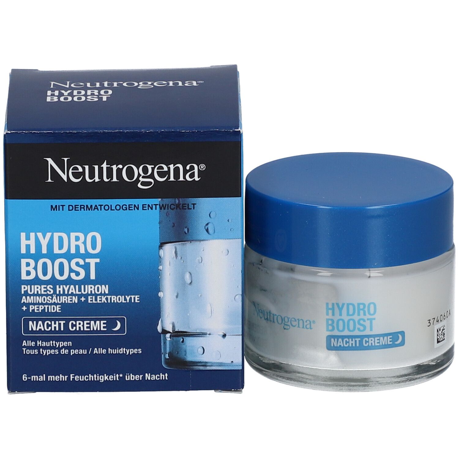 Neutrogena Hydro Boost Nacht Creme. Tiegel mit blauem Deckel. Text.