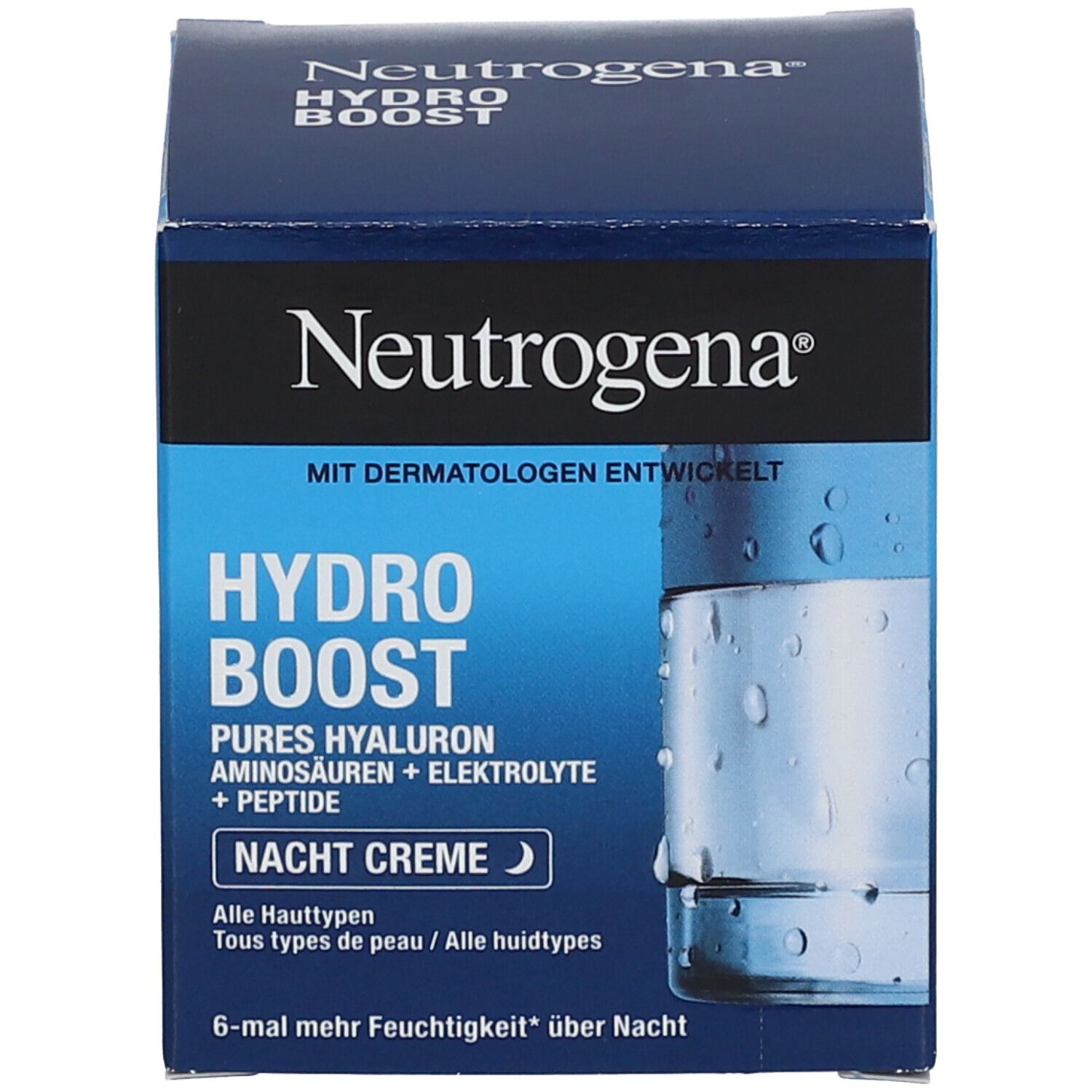 Neutrogena Hydro Boost Nacht Creme. Tiegel mit blauem Deckel. Text.