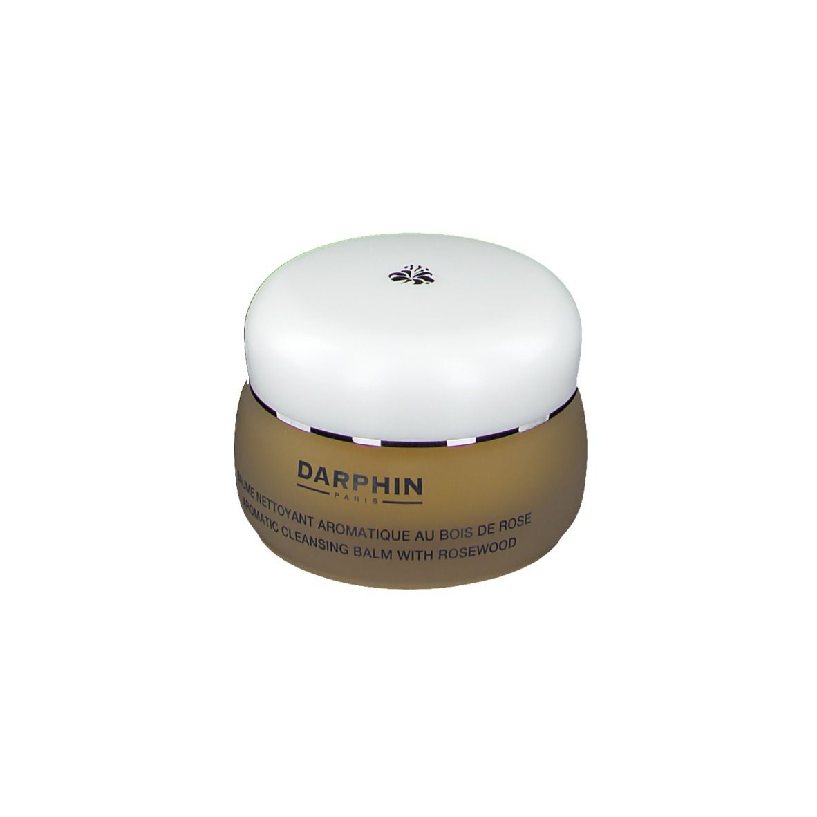 Pot rond avec couvercle blanc. Inscription: DARPHIN PARIS, BAUME NETTOYANT AROMATIQUE AU BOIS DE ROSE, AROMATIC CLEANSING BALM WITH ROSEWOOD.