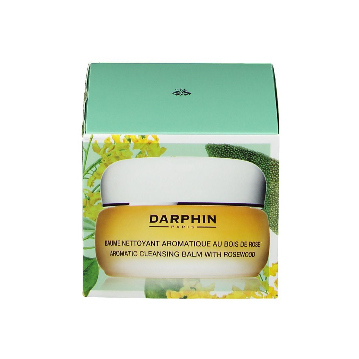 Produit dans un emballage vert. Inscription: DARPHIN PARIS, BAUME NETTOYANT AROMATIQUE AU BOIS DE ROSE, AROMATIC CLEANSING BALM WITH ROSEWOOD. Produit visible.