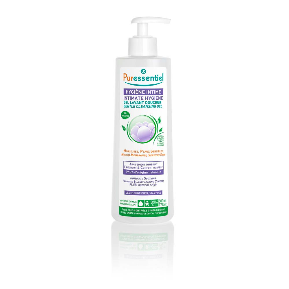 Transparente Flasche mit Pumpe. Aufschrift: Puressentiel, Intimhygiene, Gel lavant douceur. 500 ml.