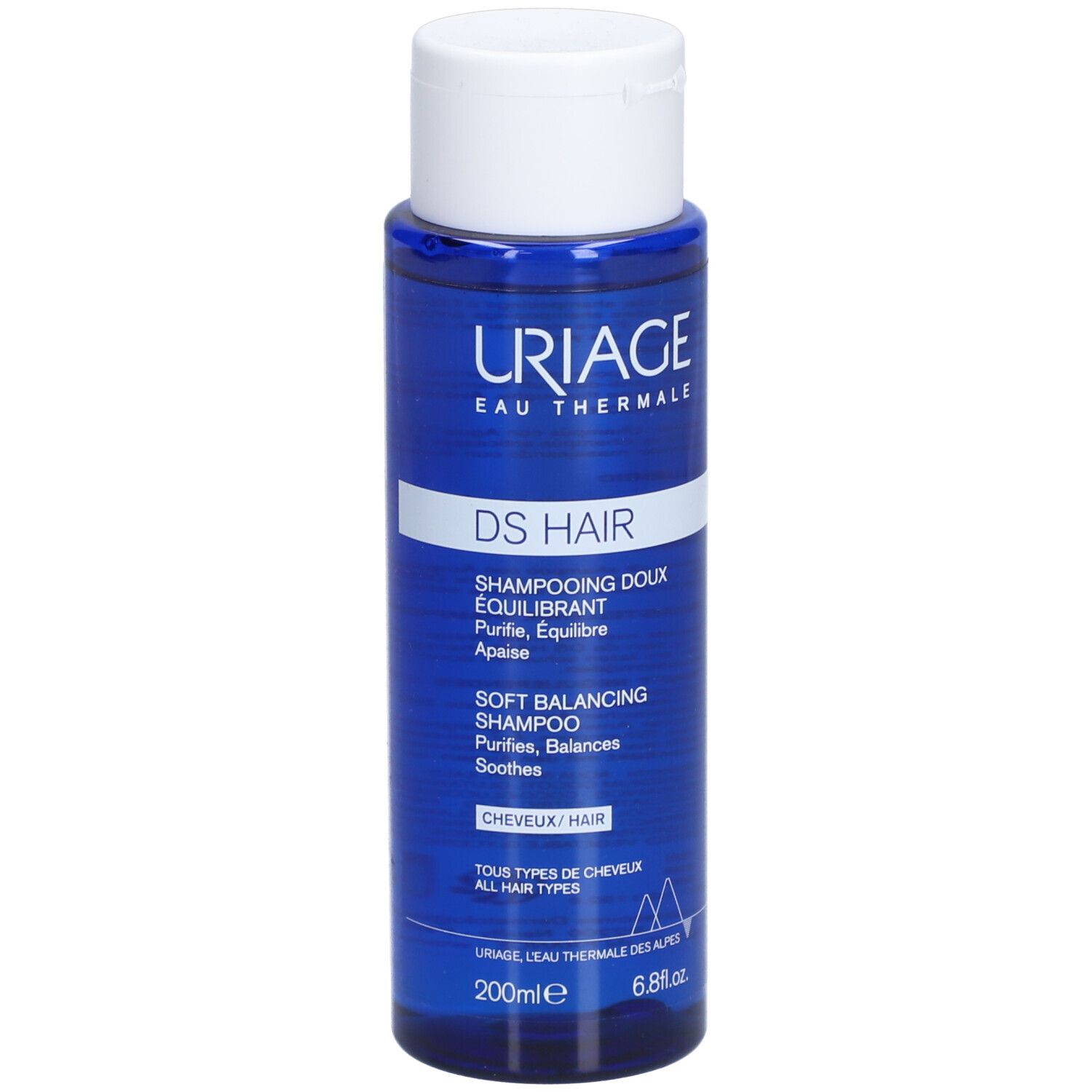 Vorderseite der Uriage DS Hair Shampoo Flasche. Blaue Flasche mit weißem Deckel. Text.