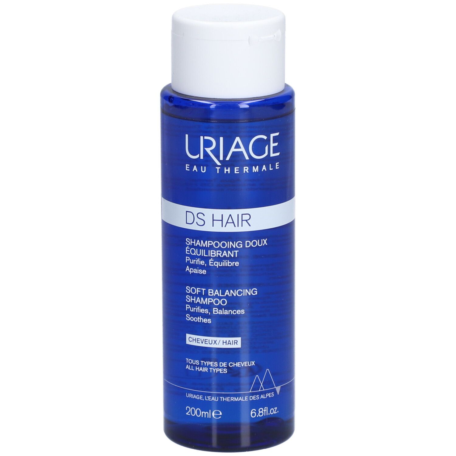 Uriage DS Hair Shampoo, blaue Flasche mit weißem Deckel. Text: DS Hair, Shampooing Doux Équilibrant, Soft Balancing Shampoo.