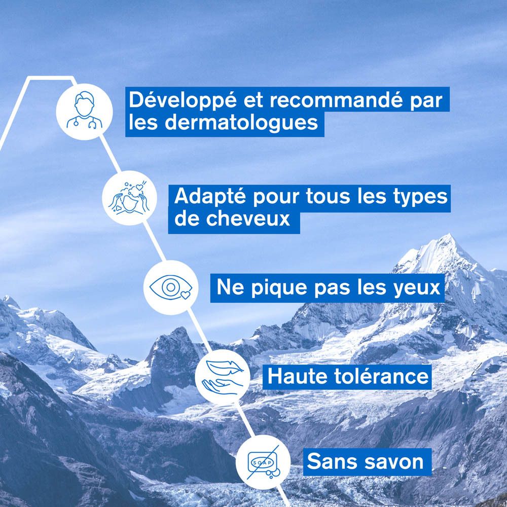 Graphique avec texte: Développé et recommandé par les dermatologues, Adapté pour tous les types de cheveux, Ne pique pas les yeux.
