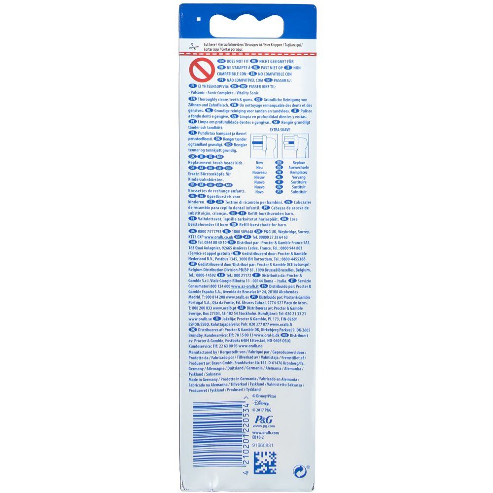 Emballage de têtes de brosse à dents de remplacement. Blanc avec suspension bleue. Texte multilingue. Code-barres et logos.