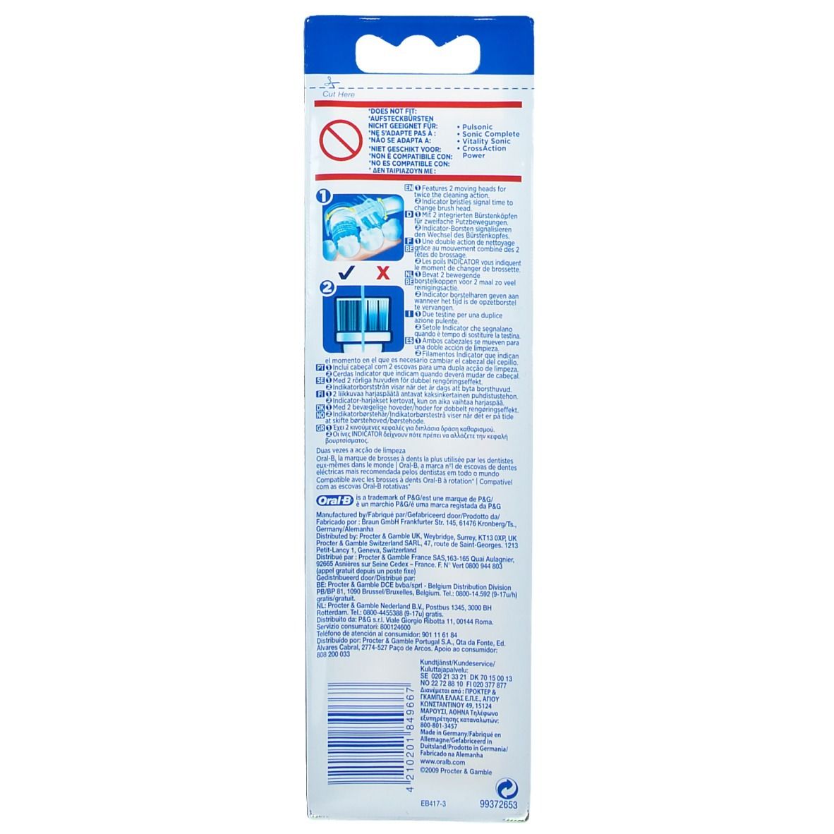 Verpackung der Oral-B Dual Clean Bürstenköpfe. Rückseite mit Produktinformationen und Piktogrammen. Blau-weißes Design.
