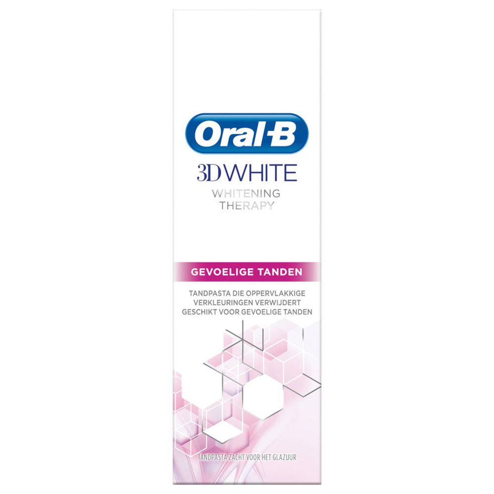 Tube de dentifrice Oral-B 3D White Whitening Therapy. Pour dents sensibles. Design blanc et bleu.