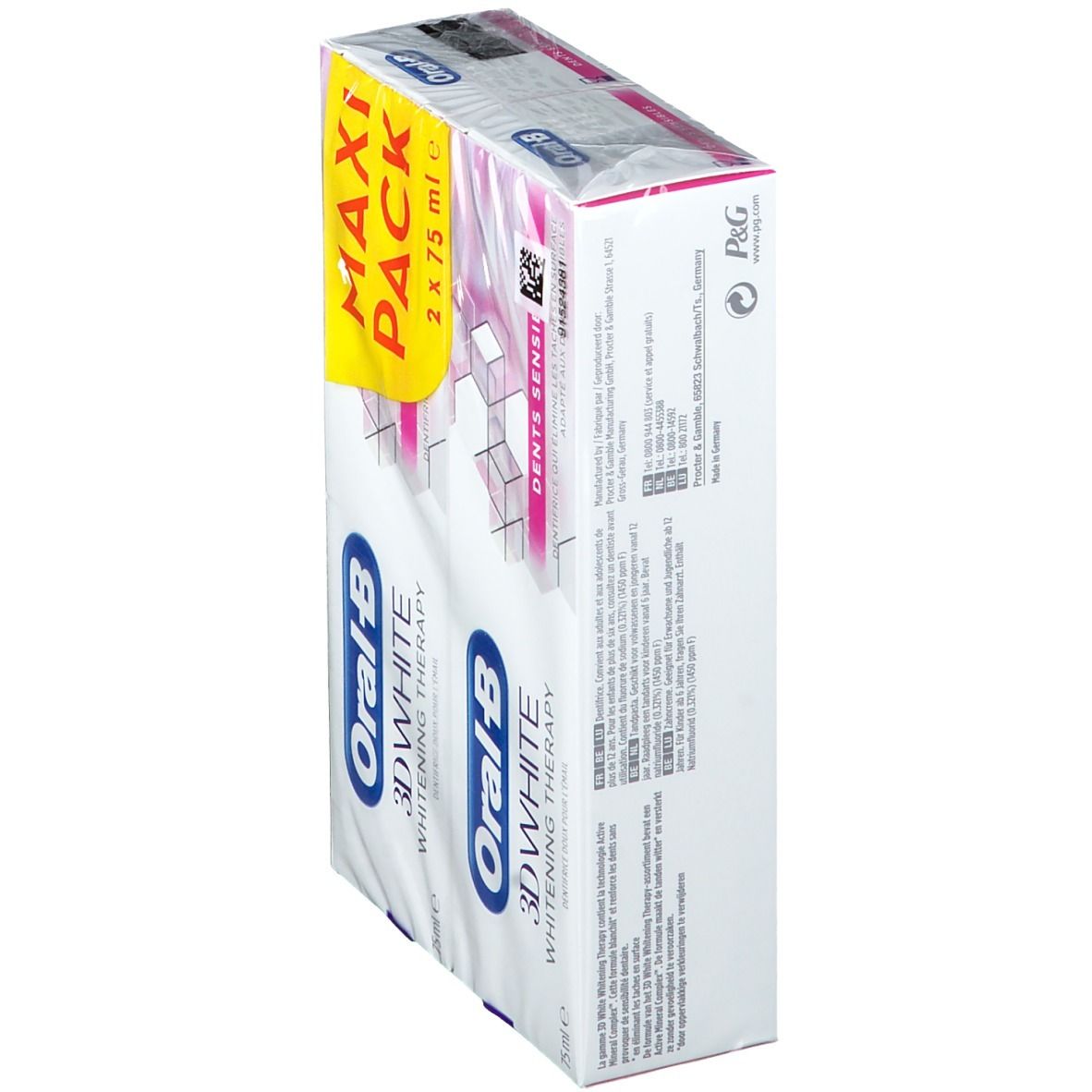Paquet de dentifrice Oral-B 3D White Whitening Therapy. Maxi Pack de deux tubes. Arrière avec informations et code-barres.