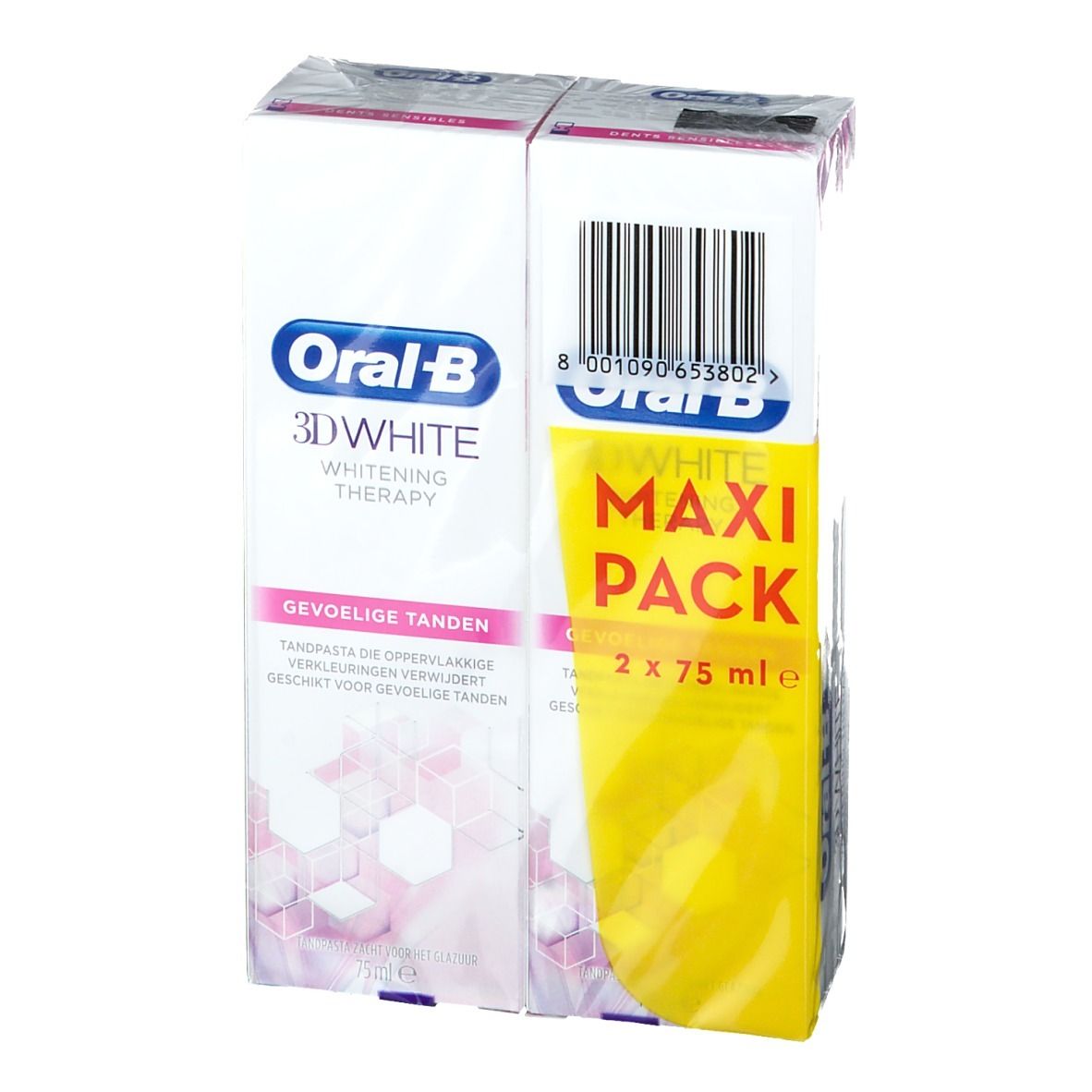 Paquet de dentifrice Oral-B 3D White Whitening Therapy. Maxi Pack de deux tubes. Inscription : Dents sensibles.