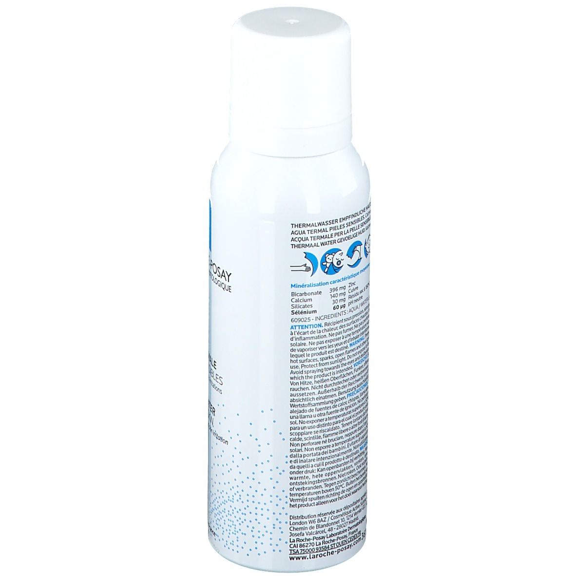 Rückseite der weißen Sprühflasche. Text und Symbole. Inhaltsstoffe und Informationen. Blaue Punkte. Barcode und Made in France.