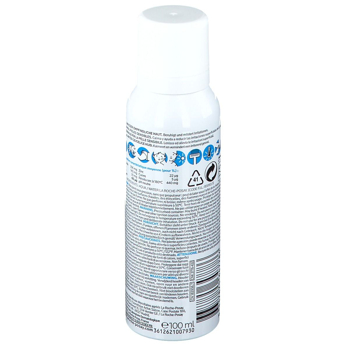 Rückseite der weißen Sprühflasche. Text und Symbole. Inhaltsstoffe und Informationen. Barcode und Made in France.