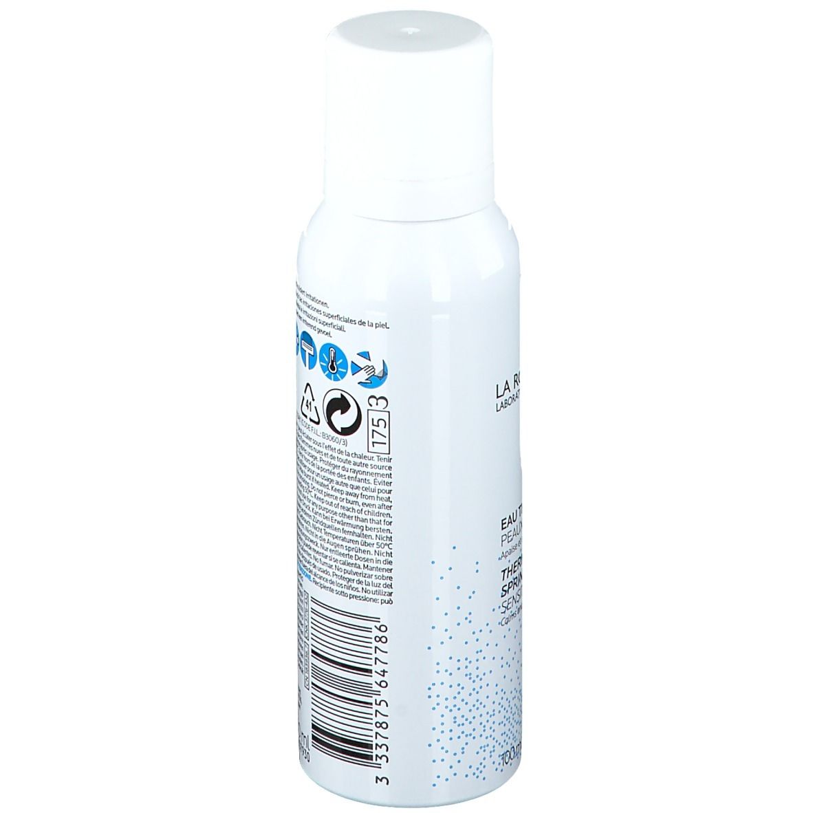 Rückseite der weißen Sprühflasche. Text und Symbole. Barcode und Made in France.