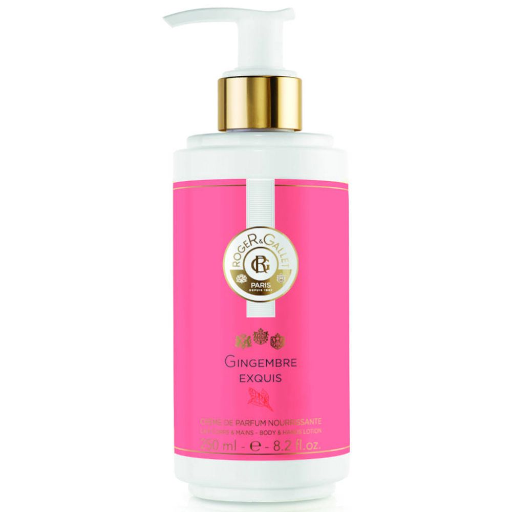 Weiß-rosa Flasche mit Dosierpumpe. Aufschrift: Roger & Gallet, Gingembre Exquis. Inhalt: 250 ml.