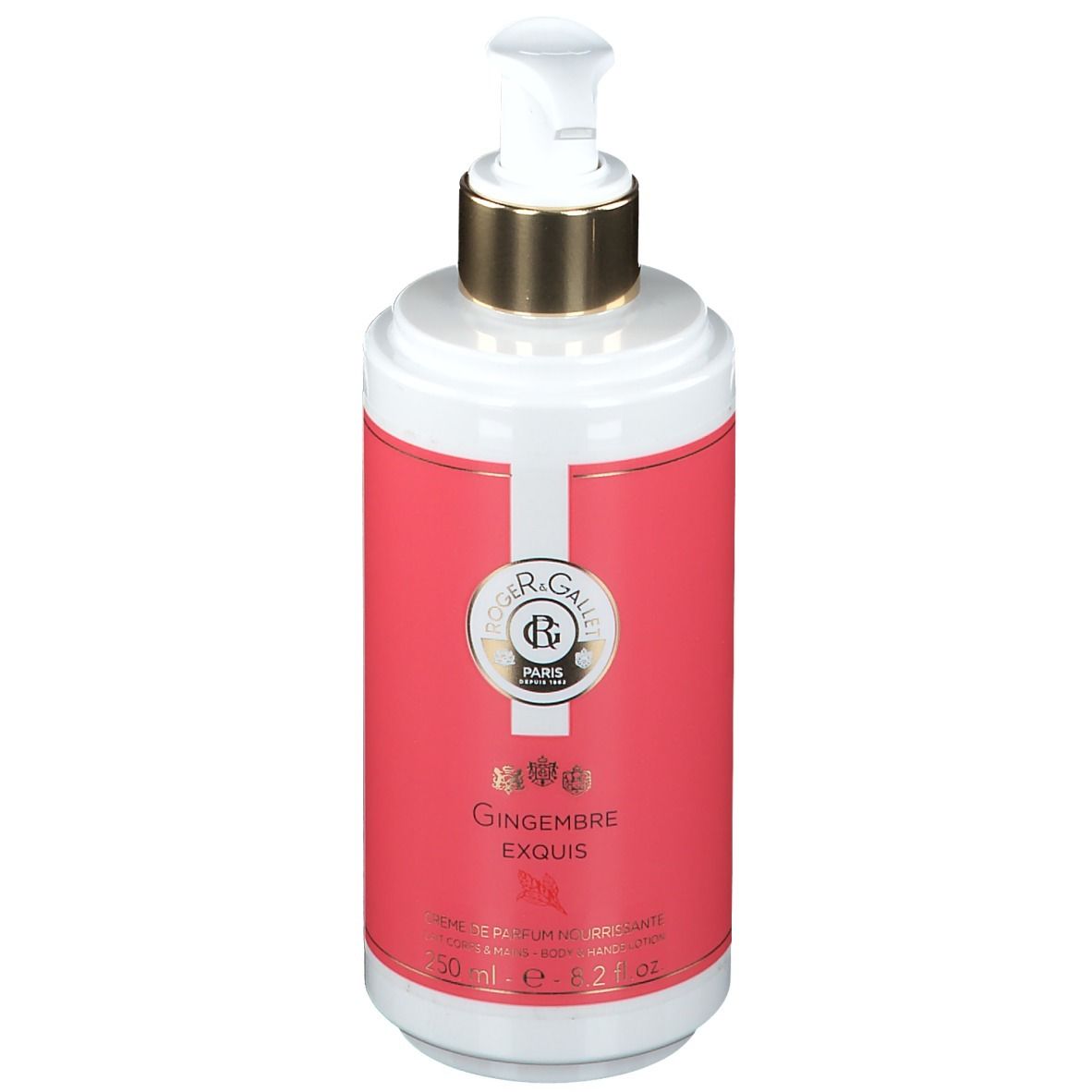 Weiß-rosa Flasche mit Dosierpumpe. Aufschrift: Roger & Gallet, Gingembre Exquis. Inhalt: 50 ml.