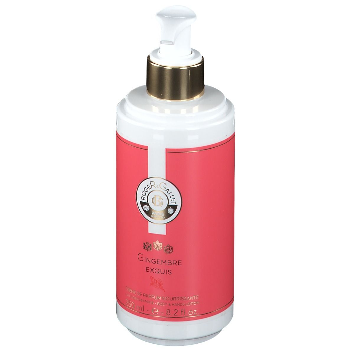 Weiß-rosa Flasche mit Dosierpumpe. Aufschrift: Roger & Gallet, Gingembre Exquis. Inhalt: 250 ml.