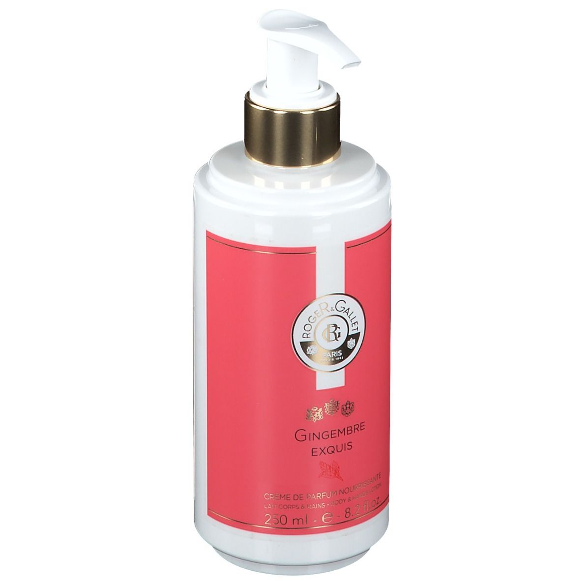 Weiß-rosa Flasche mit Dosierpumpe. Aufschrift: Roger & Gallet, Gingembre Exquis. Inhalt: 250 ml.
