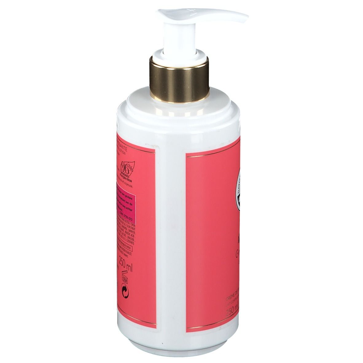 Seite einer weiß-rosa Flasche mit Dosierpumpe. Text und Logo. Inhalt: 250 ml.