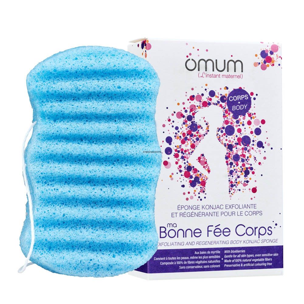 Éponge Konjac bleue claire avec cordon et emballage. Impression avec logo et texte du produit.