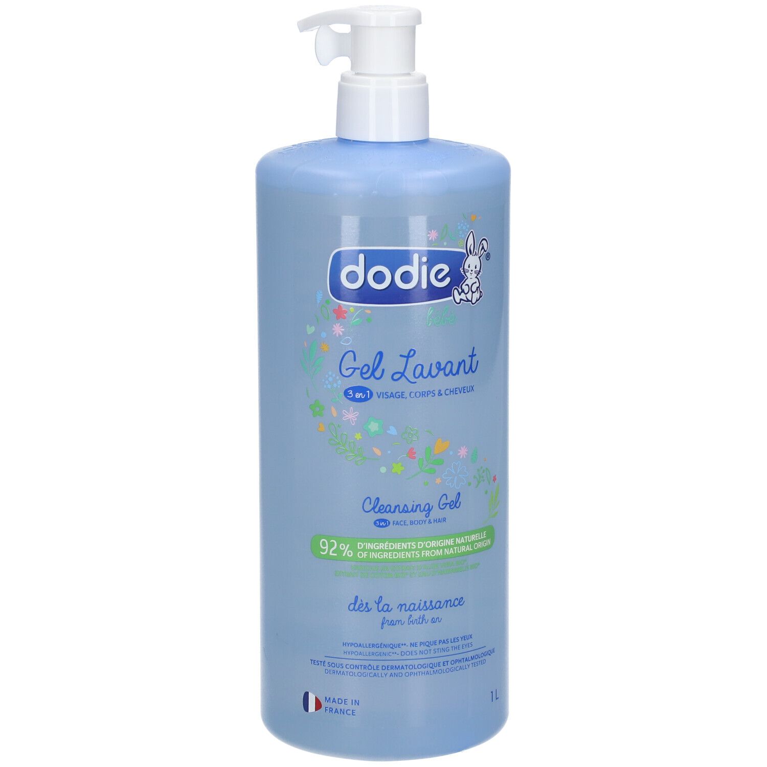 Hellblaue Flasche mit weißem Pumpverschluss. Aufschrift: dodie®, Gel Lavant, 3-in-1, 92% Inhaltsstoffe natürlichen Ursprungs.