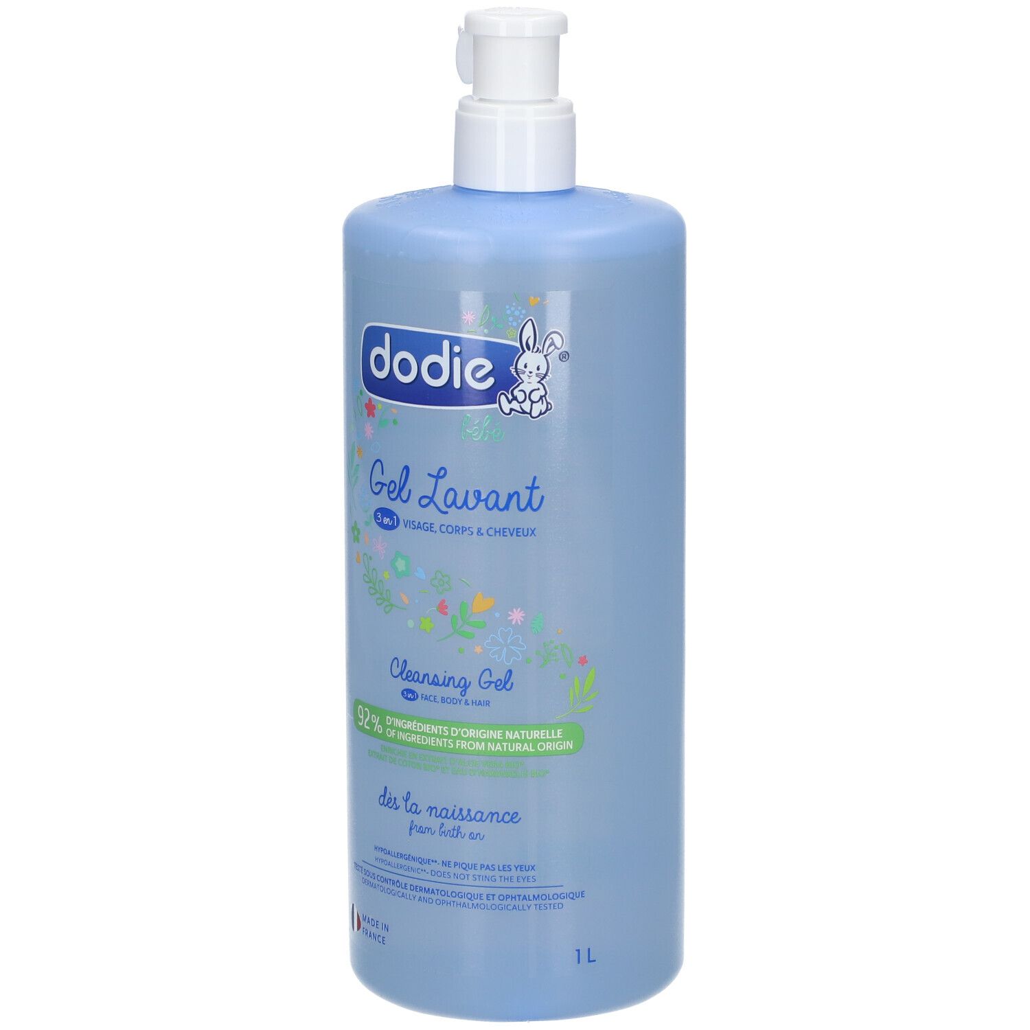 Hellblaue Flasche mit weißem Pumpverschluss. Aufschrift: dodie®, Gel Lavant, 3-in-1, 92% Inhaltsstoffe natürlichen Ursprungs.